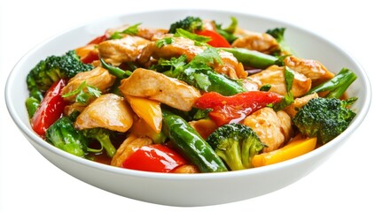Savory chicken stir-fry with colorful vegetables.  A flavorful medley of chicken, peppers, broccoli, and snap peas, cooked to perfection