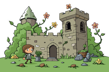 Fototapeta premium A picturesque abandoned castle overtaken by nature, with lush vines and blooming flowers growing through the stone walls and a young adventurer exploring
