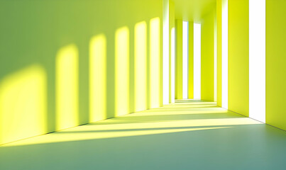 Obraz premium Bright, modern interior corridor with yellow walls and sunlight casting shadows, evoking tranquility