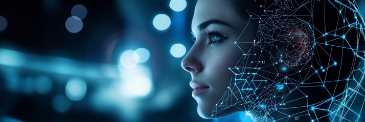 Woman's Face with Futuristic Digital Network Overlay - AI, Technology, and the Future of Humanity