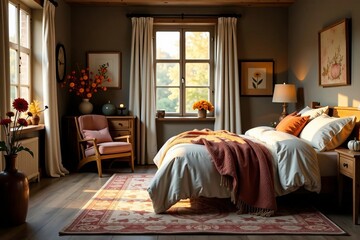 Rustic bedroom with dahlia flower arrangements, autumn cozy home, wooden furniture, rustic, cozy home