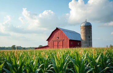 Classic red barn stands in vibrant green cornfield. Blue sky with fluffy clouds. Rustic farm building with grain silo. American countryside landscape, agricultural scene, harvest season, family