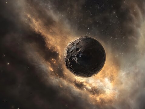 39. A floating celestial body surrounded by swirling cosmic dust