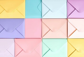 Six pastel envelopes, diverse shades, neatly arranged ,  macro, pastel