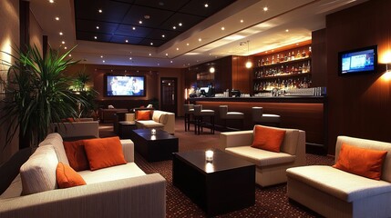 Luxurious, dimly lit hotel bar lounge area.