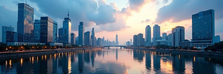 Fototapeta premium Skyscrapers lining the Liffey River with glass facades reflecting the cityscape, offices, modern
