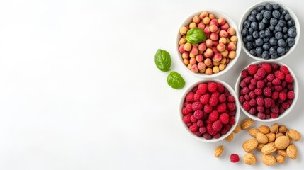 Fresh berries and nuts arranged in white bowls