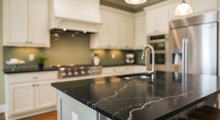 Modern Kitchen Island with Black Marble Countertop Interior Stock Photo for Home Design