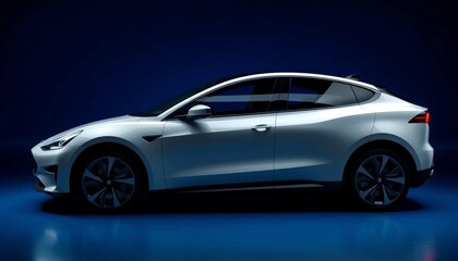 Sleek electric vehicle on dark blue backdrop, ample negative space, luxury, environment