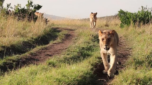 Lionesses walking on a dirt road in Africa