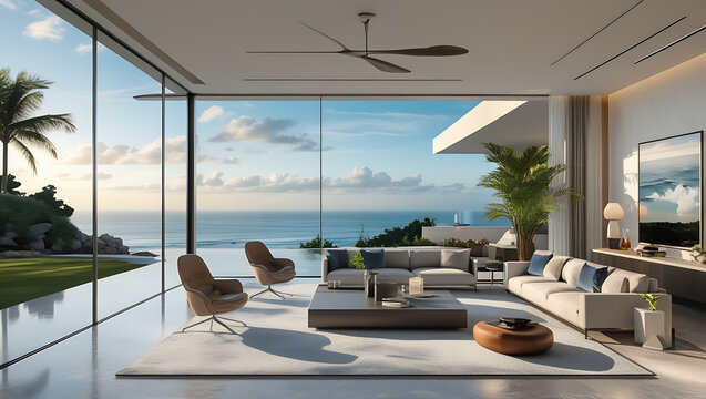 Luxury architecture, ocean front property landscape. Modern living room interior design with sleek contemporary designer furniture, minimalist decor large windows, panoramic coastal view background