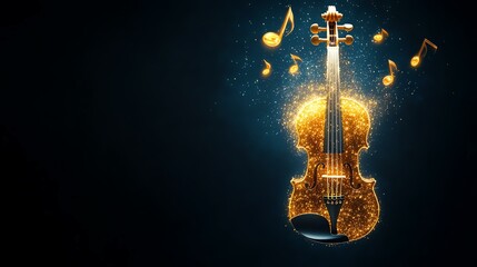 Golden violin with musical notes on dark background, elegant golden violin shining with musical notes, abstract golden violin design with classical music notes.