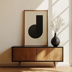 A modern living room featuring a minimalist wooden cabinet with a black vase and a decorative plant. complemented by a neutral wall and a simple abstract artwork above