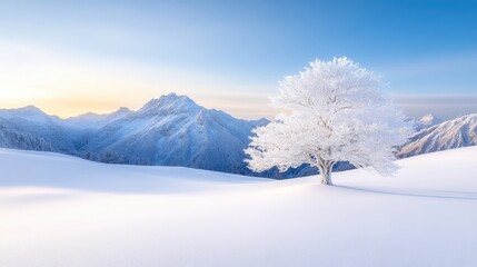 Winter wonderland landscape with frosted tree