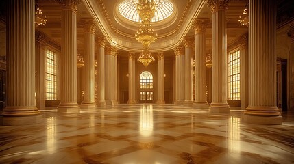 Obraz premium Golden Grand Ballroom Photo With Columns Marble Floor And Crystal Chandeliers Architecture