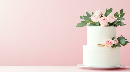 Elegant cake with pink roses and greenery decor.