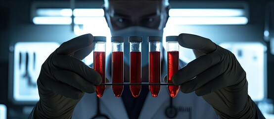 A scientist in a laboratory holds five test tubes filled with glowing red liquid. showcasing a focus on research and experimentation in a high-tech environment