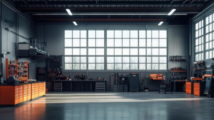 A spacious. modern workshop featuring organized tool storage. bright sunlight streaming through large windows. and a clean. uncluttered work environment ideal for mechanical repairs