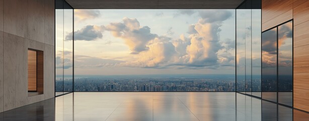 Modern interior with stunning city view.