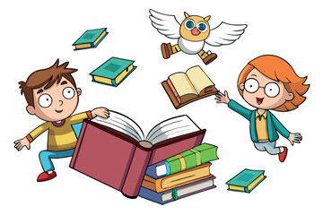 A magical library adventure with a curious boy and girl exploring flying books and a playful owl, an animated world of imagination