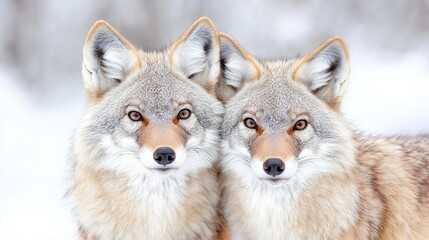 Fototapeta premium Close-up of two coyote faces in winter snow