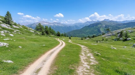 Obraz premium Scenic mountain path winding through a grassy meadow, leading to a distant mountain range