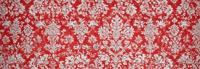 Retro red flock wallpaper, intricate damask design on white  Perfect for vintage projects , elegant, damask