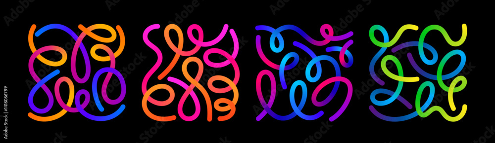 Poster Color Gradient Lines Shapes. Abstract Vector Pattern Design. 3D Graphic Elements on a Black Background. Fun Wavy Rainbow Ribbons on Square Shapes