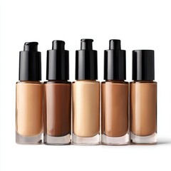 Foundation bottles lined up neatly on white background