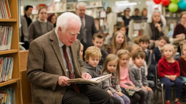 Senior Reads Stories to Children at Local Library Event Generative AI