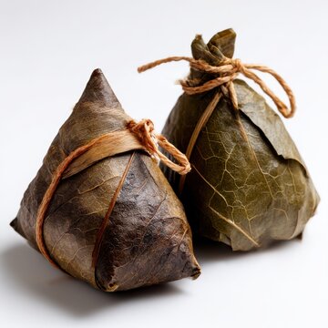 Two zongzi wrapped with string on white background