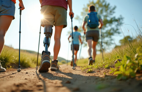Rear view of disabled hiker with leg prosthesis walks with friends. Group hiking in nature along pathway, using trekking poles. Healthy lifestyle, friendship, togetherness, adventure. Sunny day in