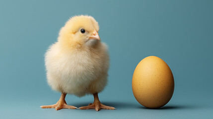 Fototapeta premium Cute fluffy chicks with Easter eggs on colorful backgrounds 