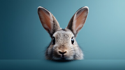 Obraz premium Gray bunny peeking with tall ears on blue background 