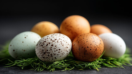 Natural Easter eggs on grass with dark background
