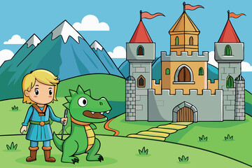 Fototapeta premium A courageous knight in medieval attire with his dragon friend in front of a beautiful castle, with mountains and a clear blue sky in the background