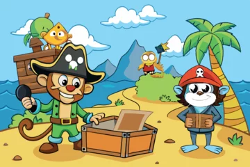 Cartoon pirate animals on a treasure hunt, with a colorful ship, pirate flag, and beach treasures on an island, set in a fun and playful scene