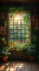 Indoor Garden Photo With Sunlight Through Window And Plants In Pots Creating A Natural View