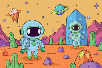 Fototapeta premium Two cartoon astronauts exploring a colorful alien planet, surrounded by vibrant crystals, distant planets, and whimsical cosmic scenery