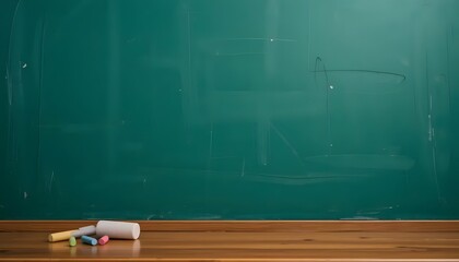 Empty Green Chalkboard with Chalk and Wooden Table