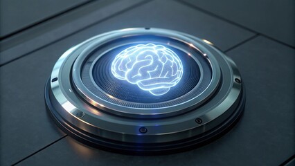 Glowing blue brain icon on a metallic, futuristic interface. Represents artificial intelligence and advanced technology