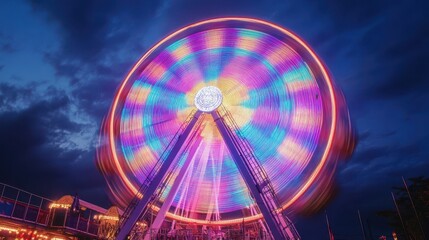 Colorful illuminated Ferris wheel spinning at night with vibrant sky