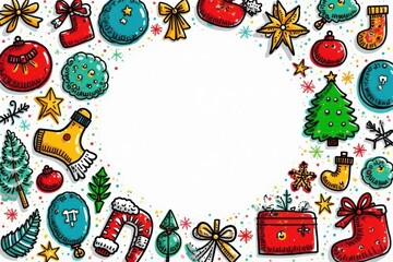 Colorful doodle holiday icons surround a white wreath , festive, holiday, decoration