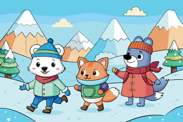 Naklejka premium Cute cartoon animals wearing winter attire walking through a snow covered landscape with icy mountains and a frozen cabin on a chilly day