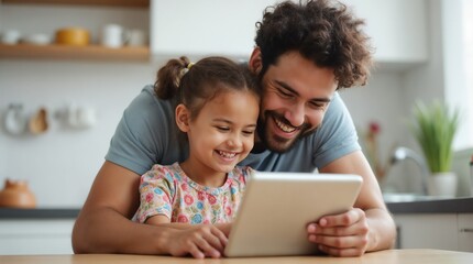 Obraz premium A father and his young daughter happily using a digital tablet together in a cozy kitchen, emphasizing family technology interaction and creating loving childhood memories in a bright, modern setting