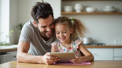 A father and his young daughter happily using a digital tablet together in a cozy kitchen, emphasizing family technology interaction and creating loving childhood memories in a bright, modern setting