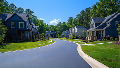Naklejka premium Serene suburban street lined with modern homes under a clear blue sky, showcasing lush greenery