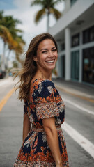 Woman smiles brightly while standing on a tropical Miami street wearing a blue and orange floral dress. A sun-kissed, cheerful portrait.