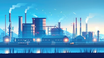 Obraz premium Futuristic industrial facility at dusk with reflections on water. Abstract artwork of industrial factory with neon glowing color with gradient color sky. Digital art for design and print. AIG53.