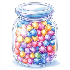 Colorful candies in a glass jar.  A whimsical illustration of a glass jar filled with a variety of round, colorful candies, creating a visually appealing image.  The jar has a light-blue lid